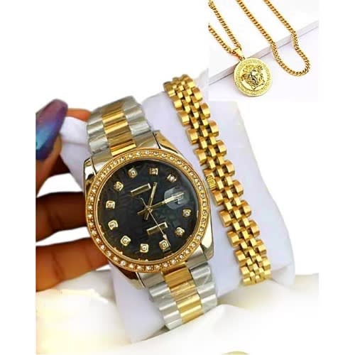 Wristwatch - Silver And Gold + Hand Chain And Necklace Set