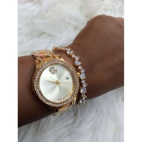 Gold Chain Wrist Watch + Designer Bracelet