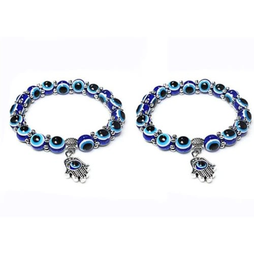 Eye Detail Bead Bracelet With Hand Of Hamsa - 2pcs Blue