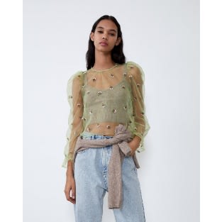 Embroided Organza Top - Green