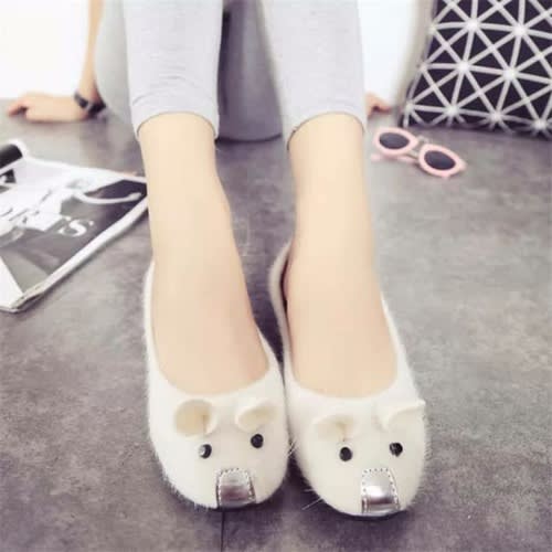 Cute Furry Mouse Flat Shoe- Cream Color