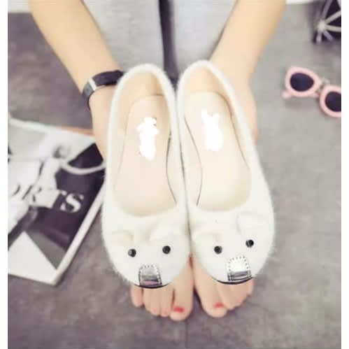 Cute Furry Mouse Flat Shoe- Cream Color