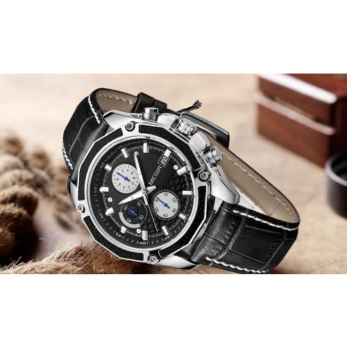 Unisex Chronograph Leather Sports Watch - Black