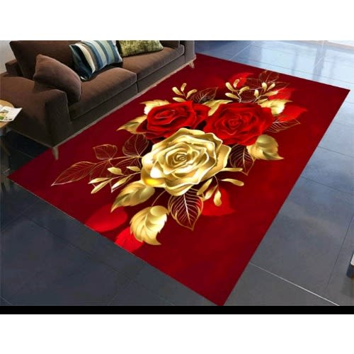 Rose Image Print Design Center Rug- 100 x 160cm-Red