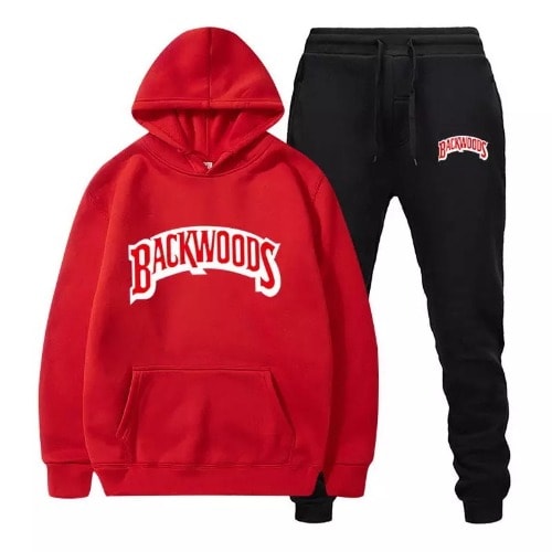 Red Hoodie And Black Jogger With Club Logo Prints
