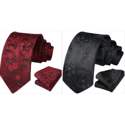 Set Of 2 Men's Floral Long Ties With Pocket Squares  - Black And Wine