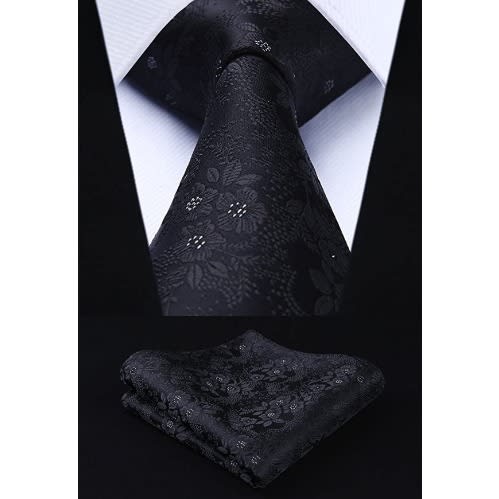 Set Of 2 Men's Floral Long Ties With Pocket Squares  - Black And Wine