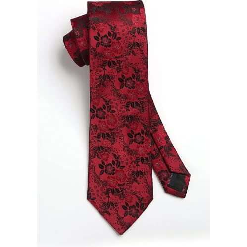 Set Of 2 Men's Floral Long Ties With Pocket Squares  - Black And Wine