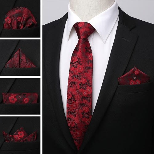 Set Of 2 Men's Floral Long Ties With Pocket Squares  - Black And Wine