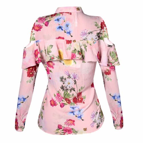 Floral Chiffon Cold Shoulder Long Sleeve Shirt - Pink