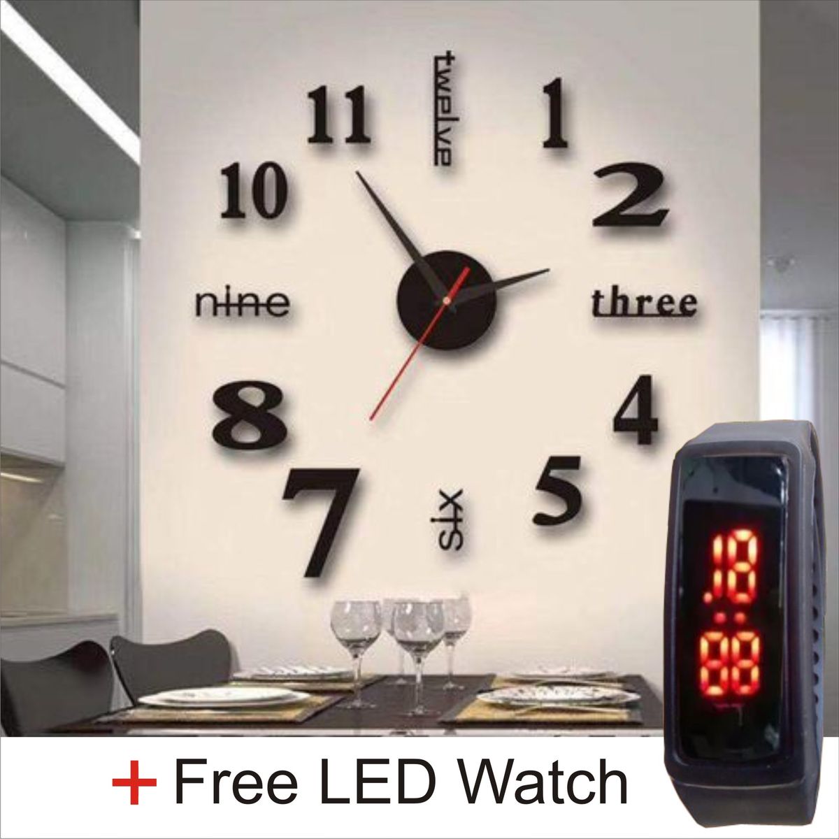 3D Wall Clock DIY Large Modern Design + Free LED Watch