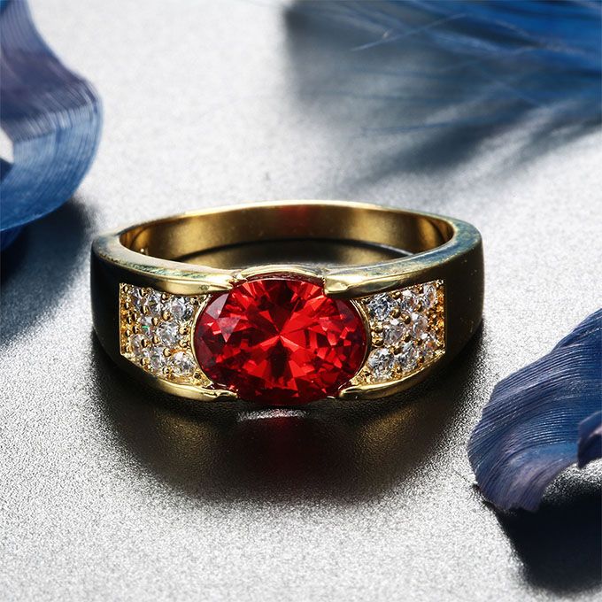 Delicate Male Diamond Ruby Ring Gold & Red