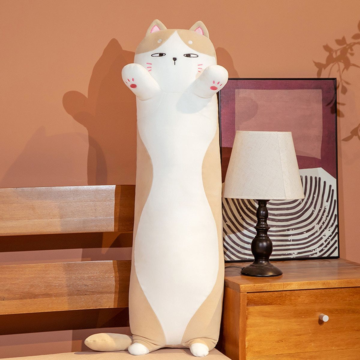 90cm Long Throw Pillow Cat Stuffed Animals Soft Plushies Light Brown
