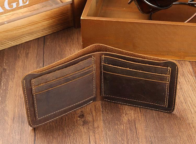 Crazy Horse-cartera de cuero genuino para hombre Bolso pequeno de diseno Retro con funda para tarjeta de credito hecha a mano-Chocolate