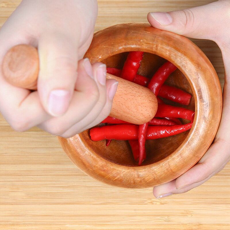 Wood Mortar And Pestle Press Ginger Crusher Spices Grinding Garlic Mincer Herb 11cm