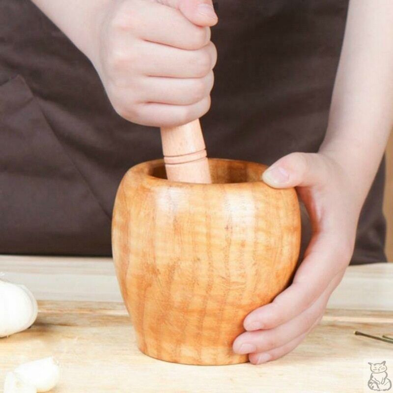 Wood Mortar And Pestle Press Ginger Crusher Spices Grinding Garlic Mincer Herb 11cm