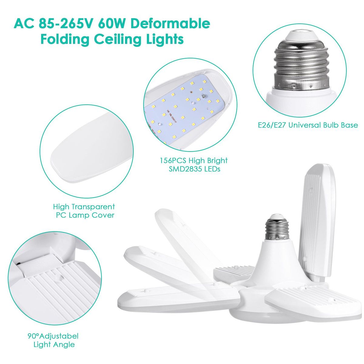 Neoglint LEDs Garage Light AC 85-265V 60W Deformable Folding Ceiling Lights with 4 Adjustable Panels 6000-6500k Nature White Light for Garage Warehouse Workshop Basement Gym Kitchen
