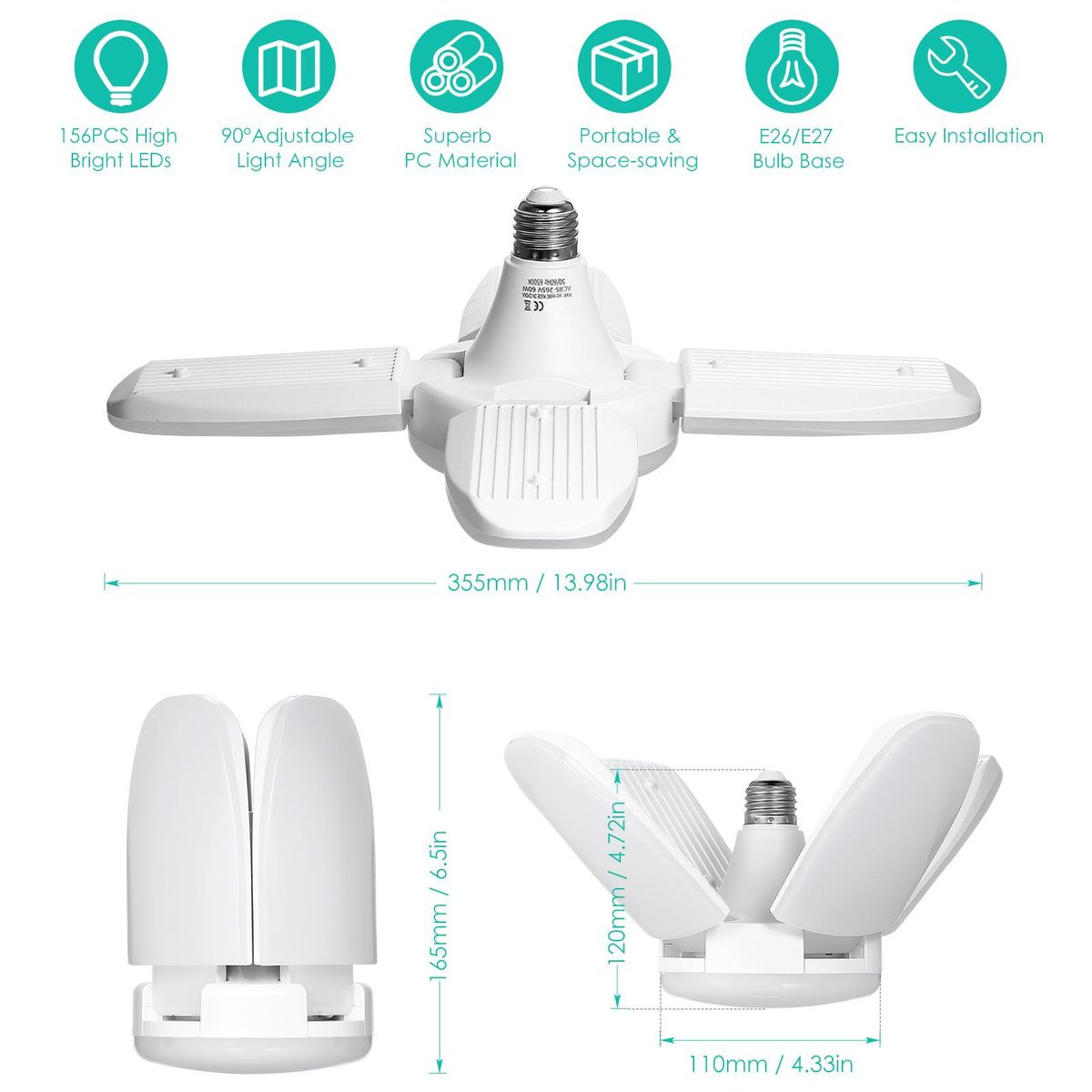 Neoglint LEDs Garage Light AC 85-265V 60W Deformable Folding Ceiling Lights with 4 Adjustable Panels 6000-6500k Nature White Light for Garage Warehouse Workshop Basement Gym Kitchen