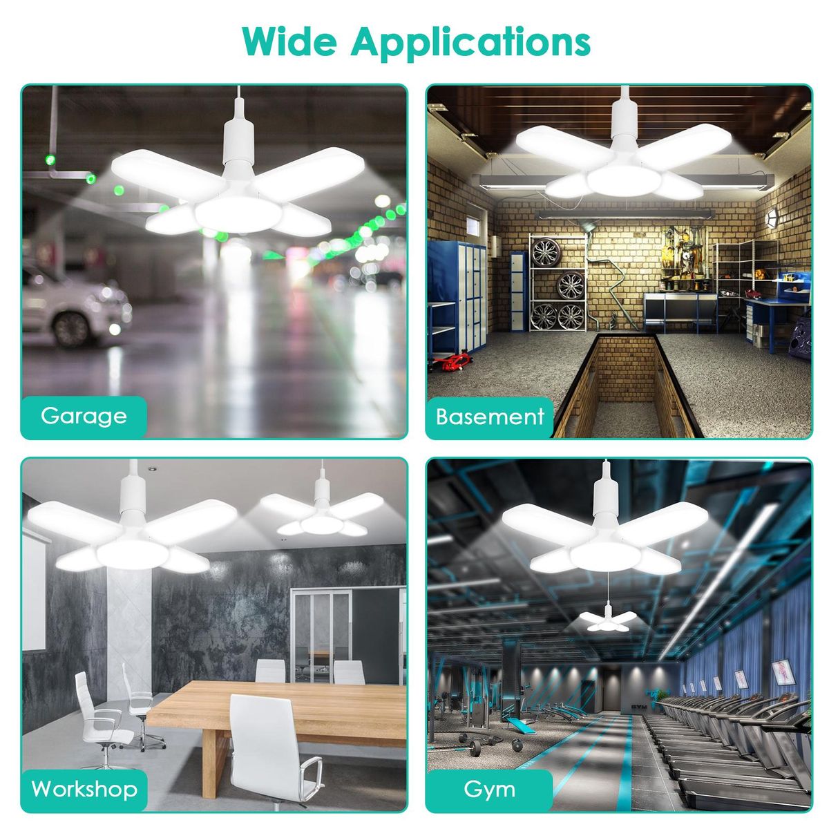 Neoglint LEDs Garage Light AC 85-265V 60W Deformable Folding Ceiling Lights with 4 Adjustable Panels 6000-6500k Nature White Light for Garage Warehouse Workshop Basement Gym Kitchen