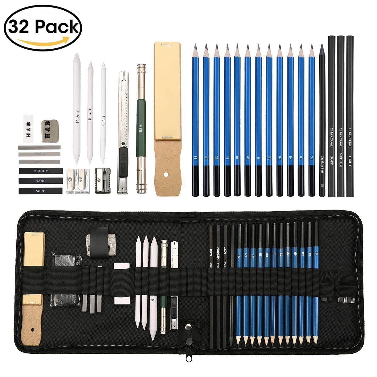 32Pcs Professional Drawing Sketch Pencil Set Charcoal Eraser Art Kit