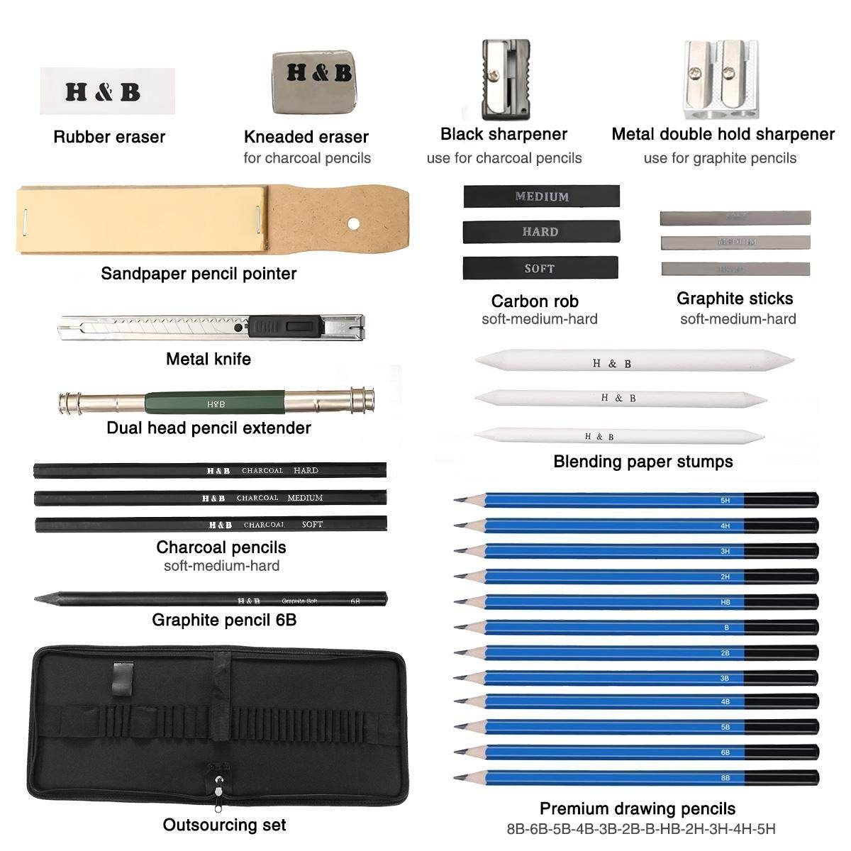 32Pcs Professional Drawing Sketch Pencil Set Charcoal Eraser Art Kit