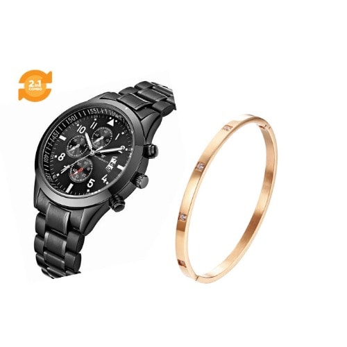 2 In 1 Women Ladies Bracelet Wrist Watch- Black