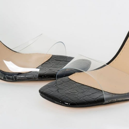 Kehlani Patent Croc Print Clear Mid Block Heels- Black
