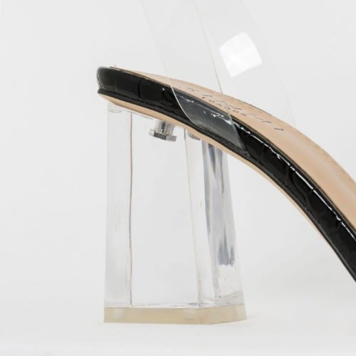 Kehlani Patent Croc Print Clear Mid Block Heels- Black