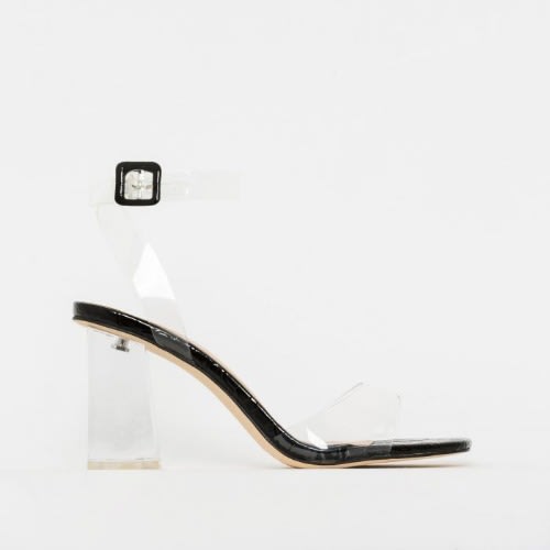 Kehlani Patent Croc Print Clear Mid Block Heels- Black