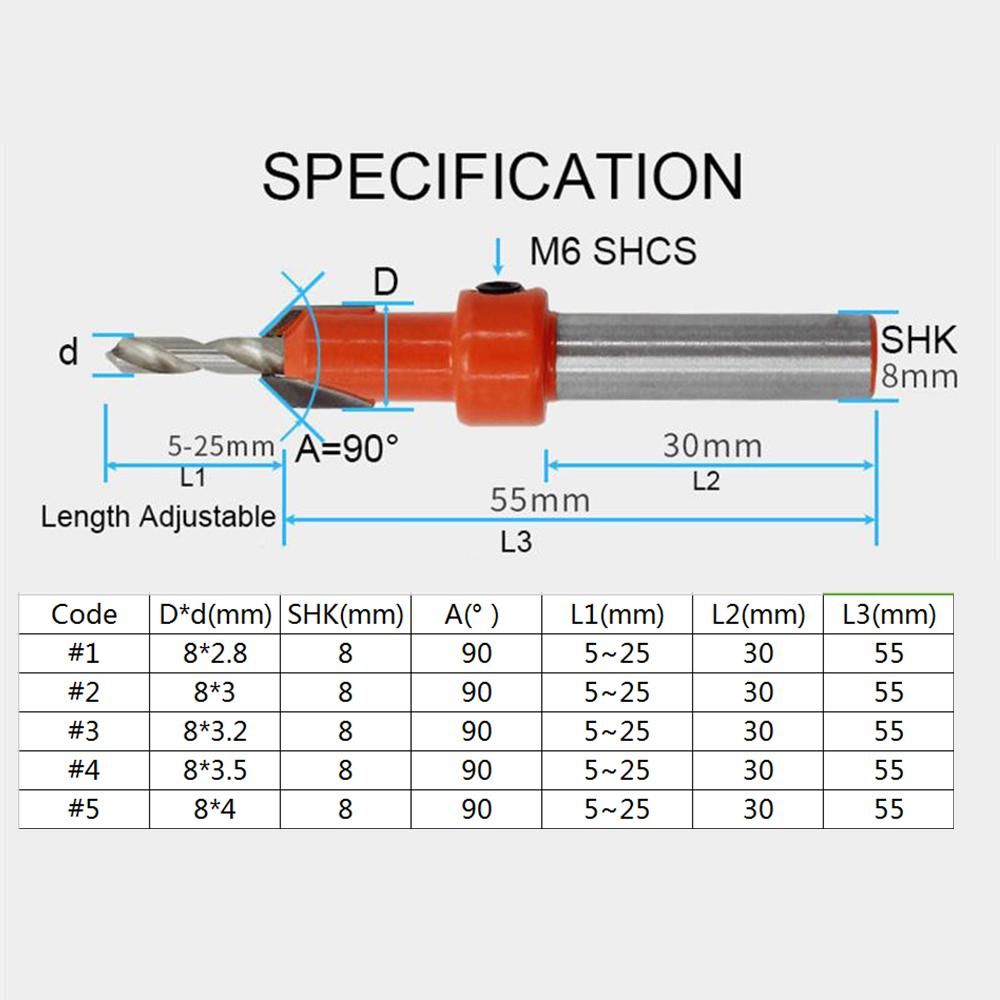 5pcs Countersink Drill Bit Woodworking Screws Chamfering Wood Hole Drills Bit with Hex Key