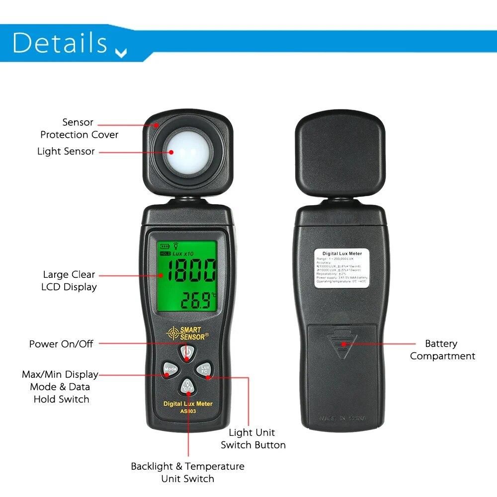 Digital Lux Meter LCD Spectrometer Handheld Illuminometer Luminometer Photometer Luxmeter Light Meter 0-200000 Lux