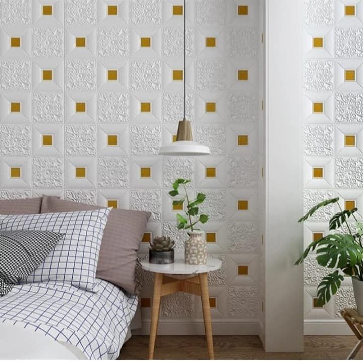 Self Adhesive Wall Sticker; White And Gold Wallpaper PE Foam Wall Sticker For Home And Office