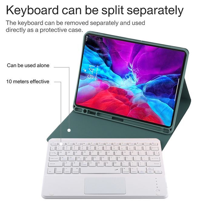 TG11BC Detachable Bluetooth White Keyboard Microfiber Leather Protective Case For IPad Pro 11 Inch (2020), With Touchpad & Pen Slot & Holder (Dark Green)