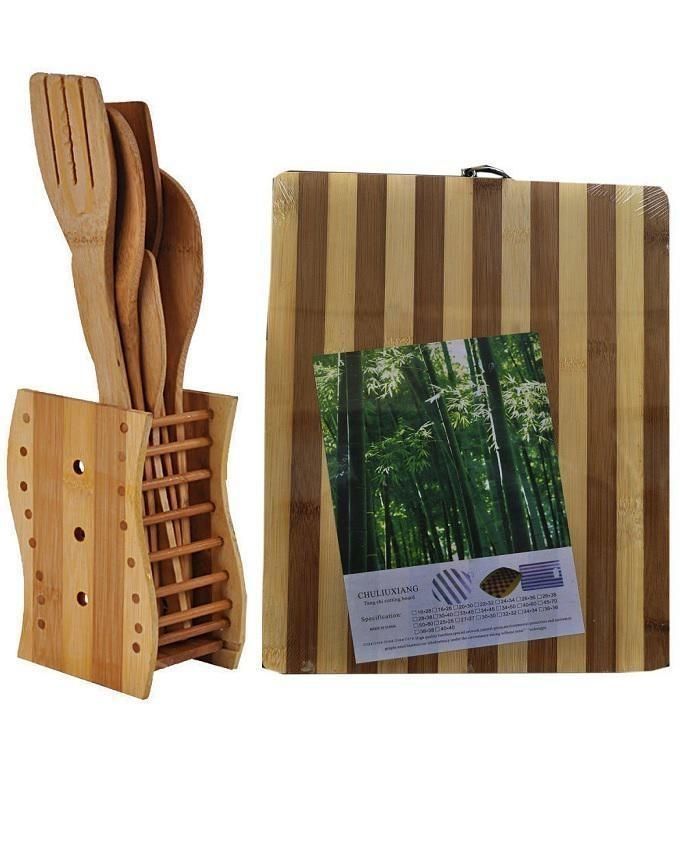 Bamboo Wooden Cutting Board + Wooden Kitchen Spoon Set