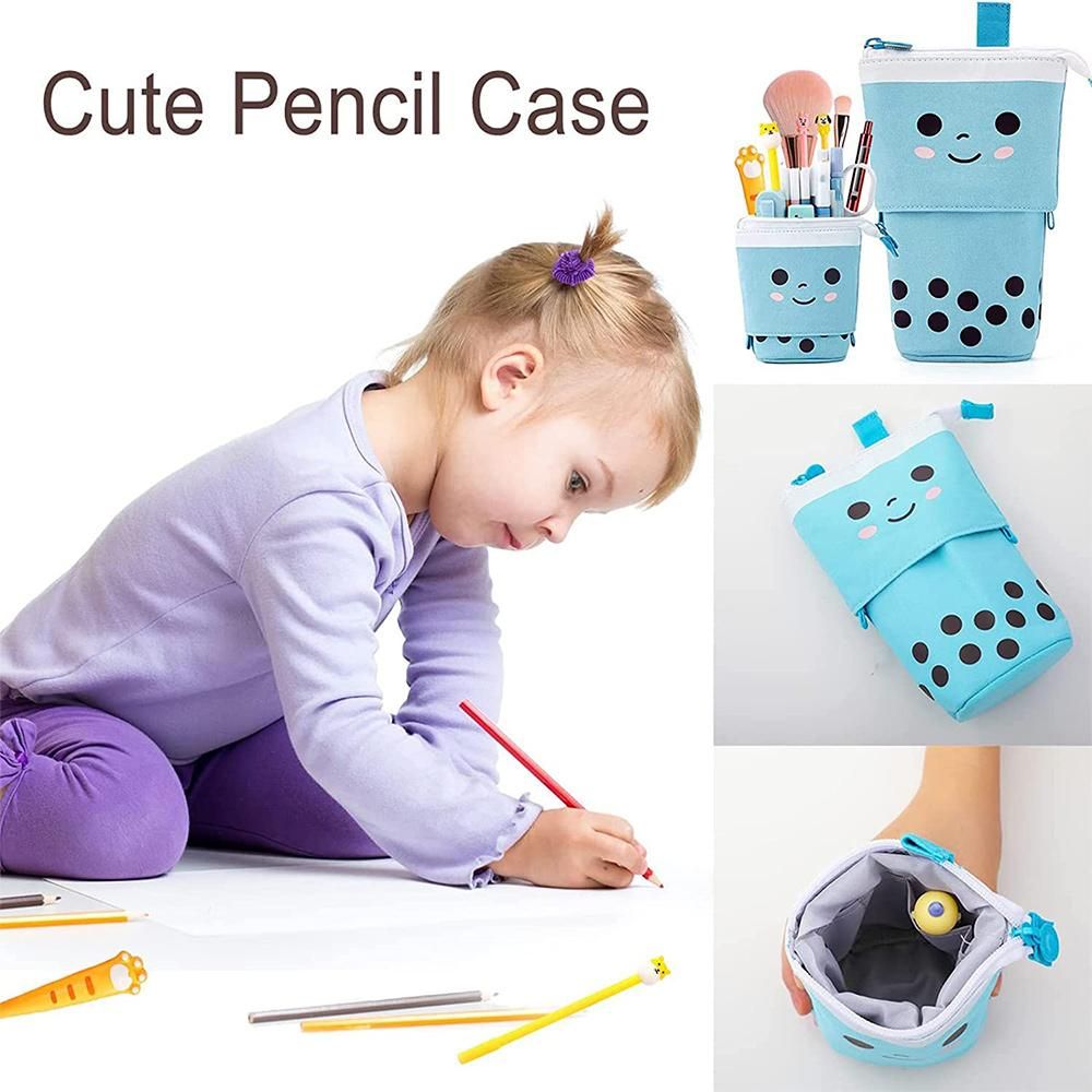 ANGOO Standing Pencil Case Cute Telescopic Pen Holder Kawaii Stationery Pouch for Students Women Teens Girls Boys Blue