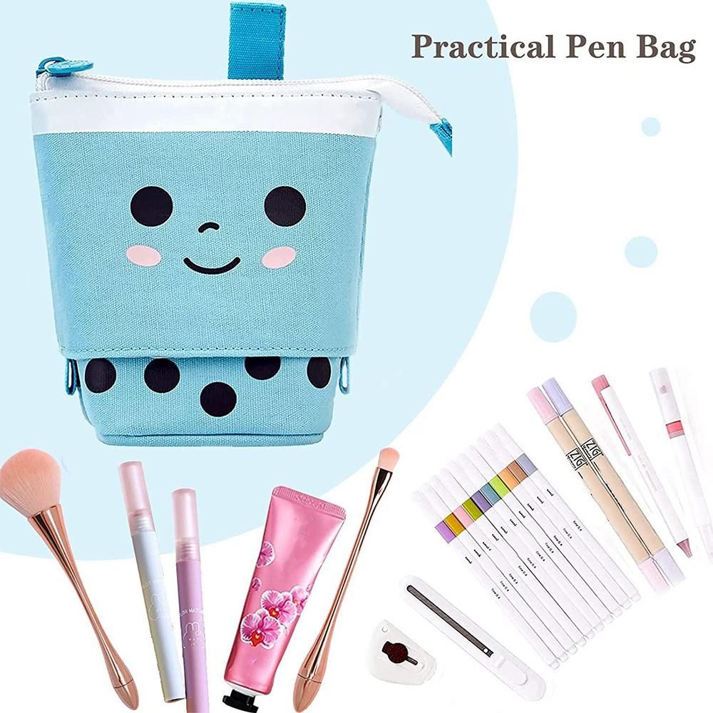 ANGOO Standing Pencil Case Cute Telescopic Pen Holder Kawaii Stationery Pouch for Students Women Teens Girls Boys Blue