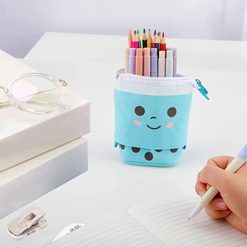 ANGOO Standing Pencil Case Cute Telescopic Pen Holder Kawaii Stationery Pouch for Students Women Teens Girls Boys Blue