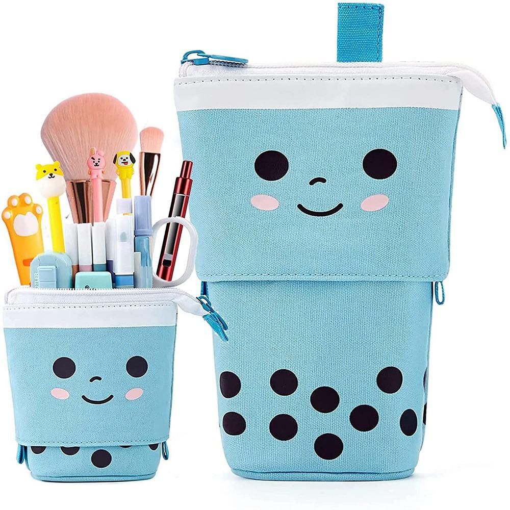 ANGOO Standing Pencil Case Cute Telescopic Pen Holder Kawaii Stationery Pouch for Students Women Teens Girls Boys Blue
