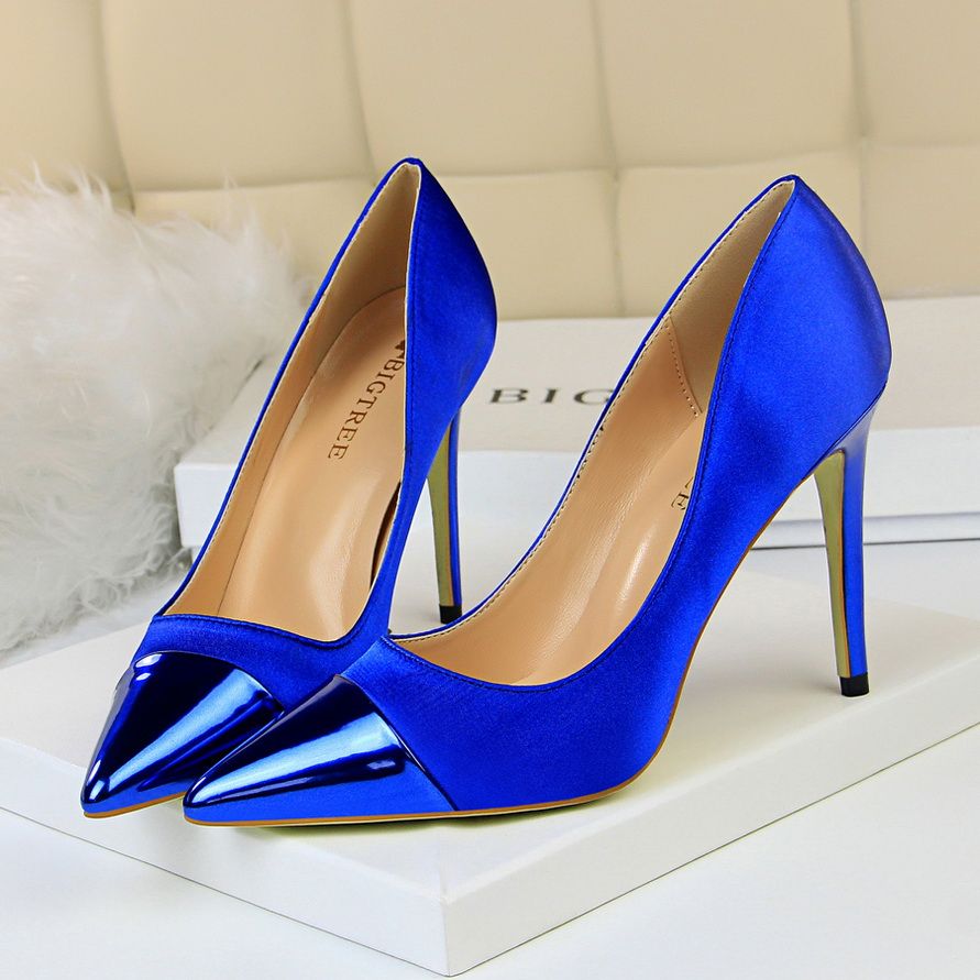 Ladies Pointed Pumps Satin Thin Sexy Nightclub Shoes Blue