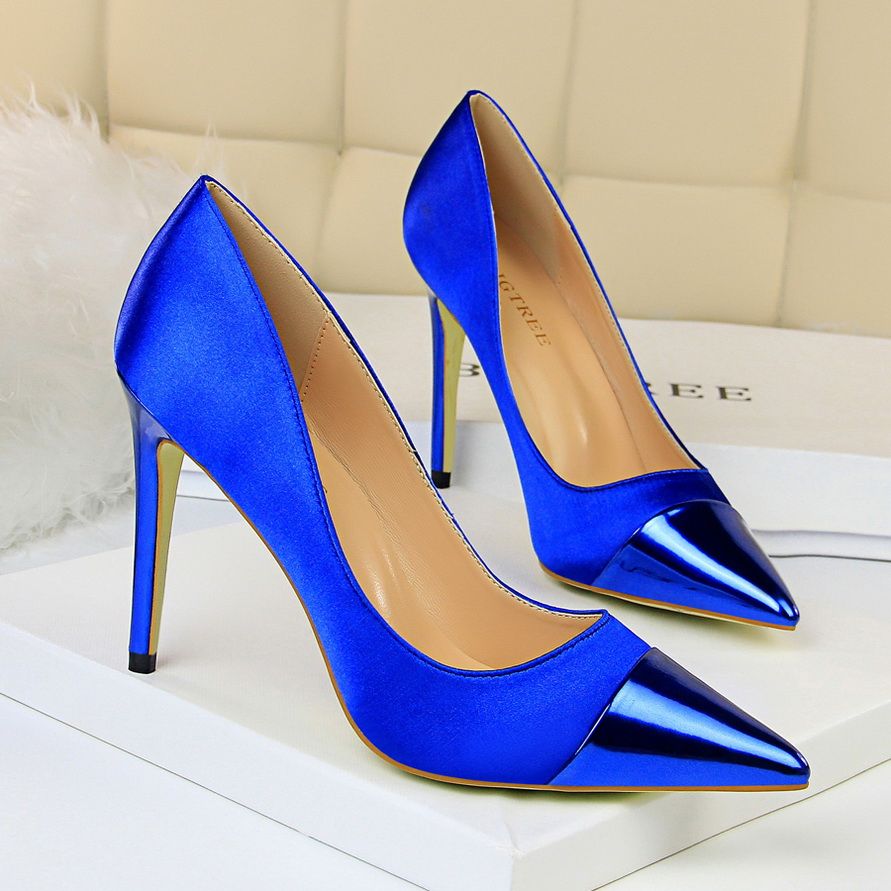 Ladies Pointed Pumps Satin Thin Sexy Nightclub Shoes Blue