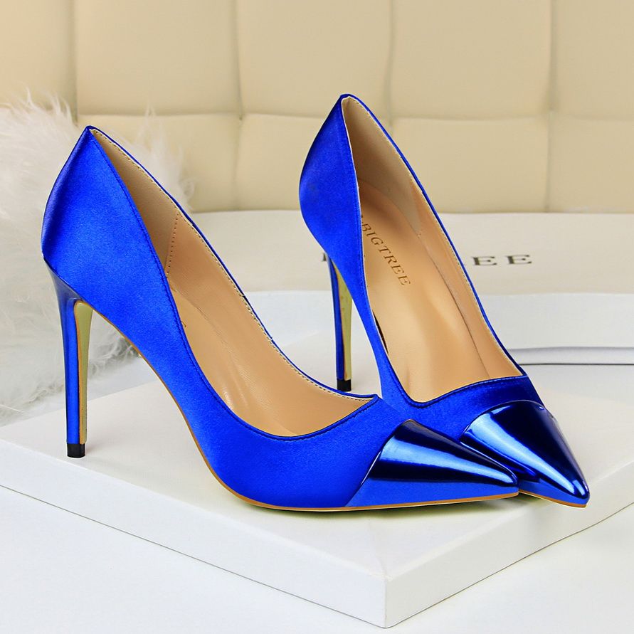 Ladies Pointed Pumps Satin Thin Sexy Nightclub Shoes Blue