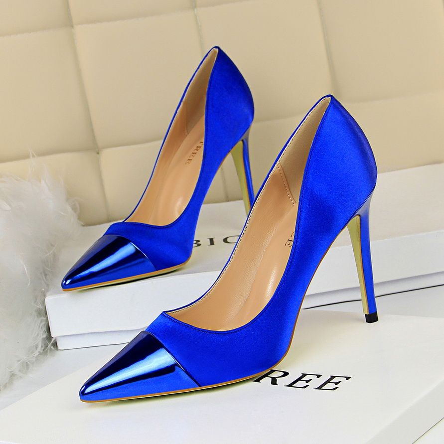 Ladies Pointed Pumps Satin Thin Sexy Nightclub Shoes Blue