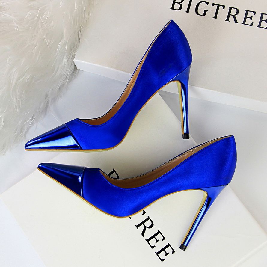Ladies Pointed Pumps Satin Thin Sexy Nightclub Shoes Blue