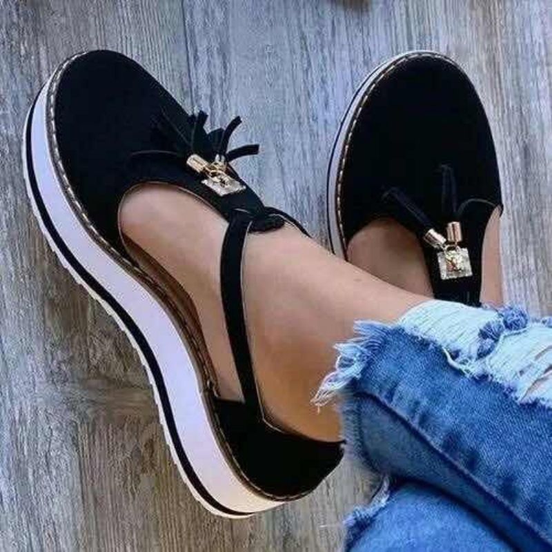 Women's Sandals  Hollow Tassel Roman Thick Sole Shoes Black