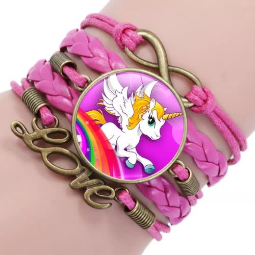 Girls Layered Leather Unicorn Bracelet - Pink