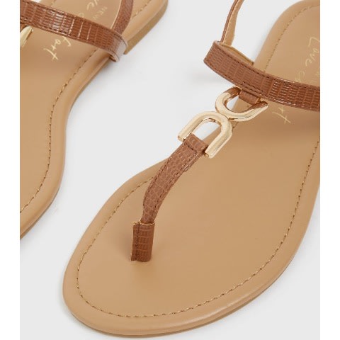 Tan Brown Chain Trim Strappy Flat Sandals