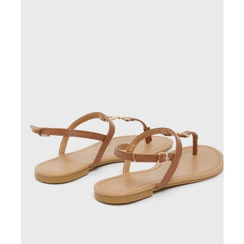 Tan Brown Chain Trim Strappy Flat Sandals