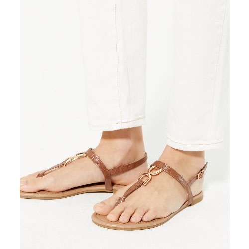 Tan Brown Chain Trim Strappy Flat Sandals