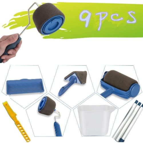 9 Piece Set Paint Roller Brush Tool Set With Sticks Paint Roller Pro Decorate Runner Tool