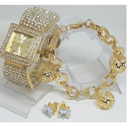 Gold Iced Ladies Wristwatch With Bracelet And Earrings